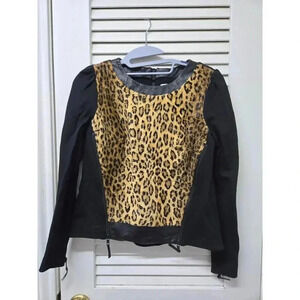 Milly Faux Fur Animal Print Top with black leather trim and zippers 0/XS